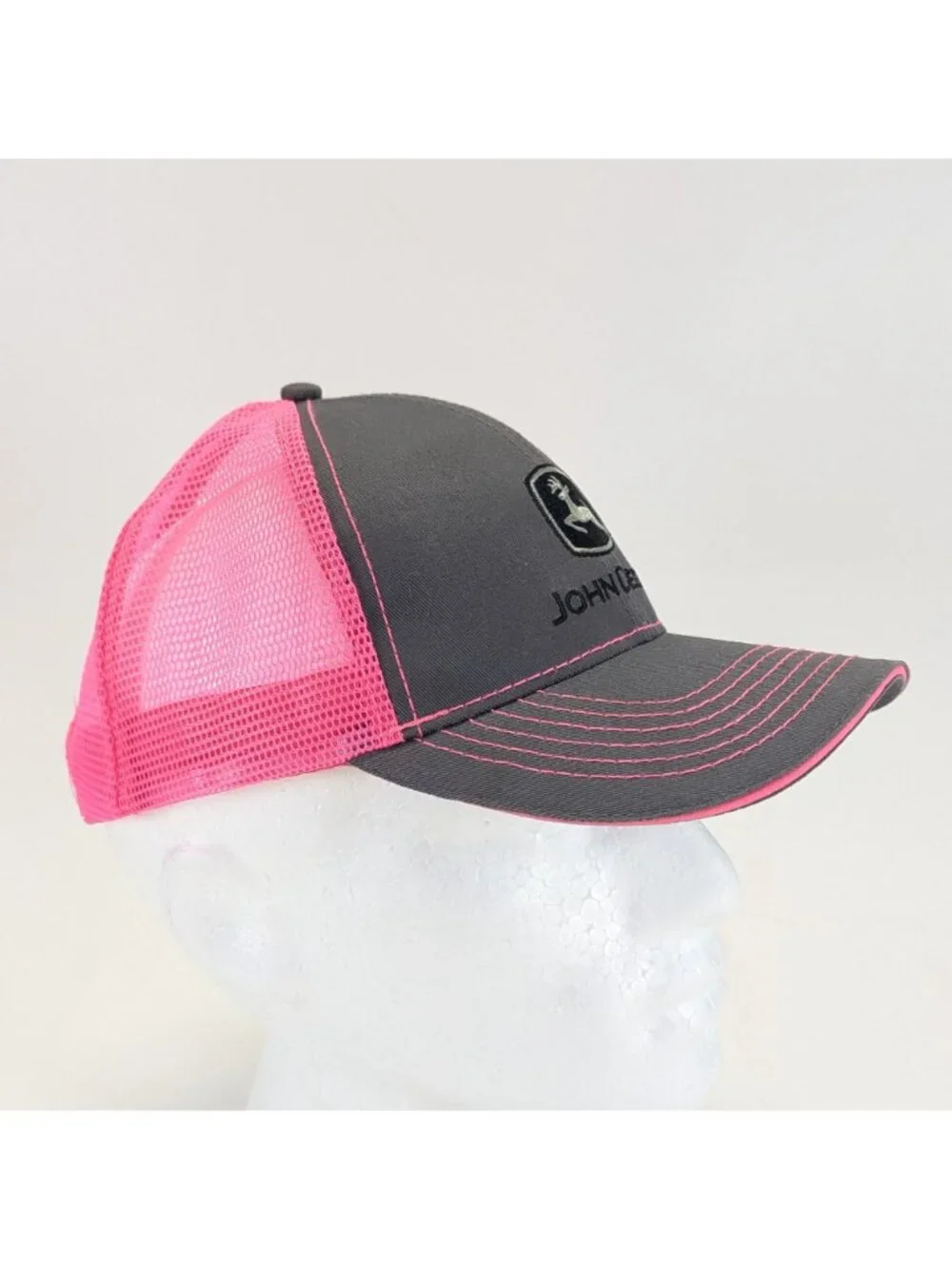 John Deere Womens Trucker Hat Pink Gray Embroidered Logo Mesh Back Cap